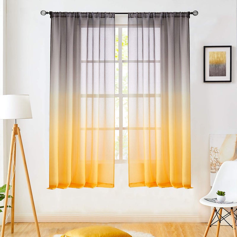 July Joy Faux Linen Ombre Sheer Curtains Yellow and Grey 2 Tone Reversible Rod Pocket for Girls Bedroom, Privacy and Light Filtering Semi Gradient Window Curtain Pair, Set of 2 Panels, 54 x 63 inch - Image 1